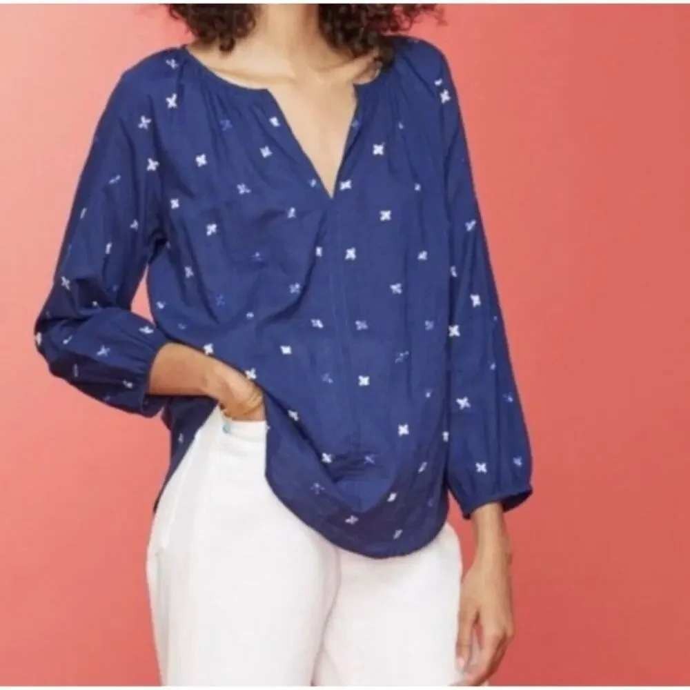 ROLLER RABBIT Blue Embroidered Cotton Tunic Blouse Small S Boho V-Neck Slit Top